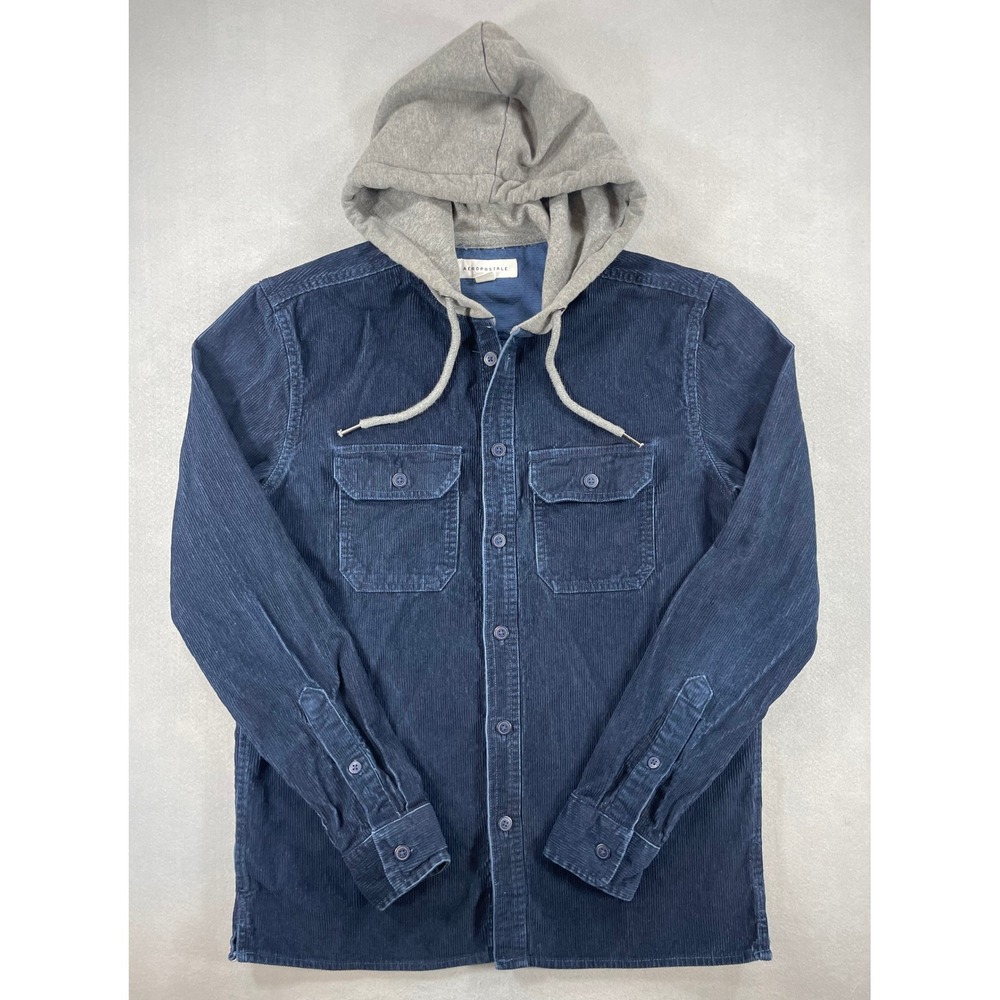 Aeropostale Mens Hooded Corduroy Shirt Navy Blue Solid Cotton XS